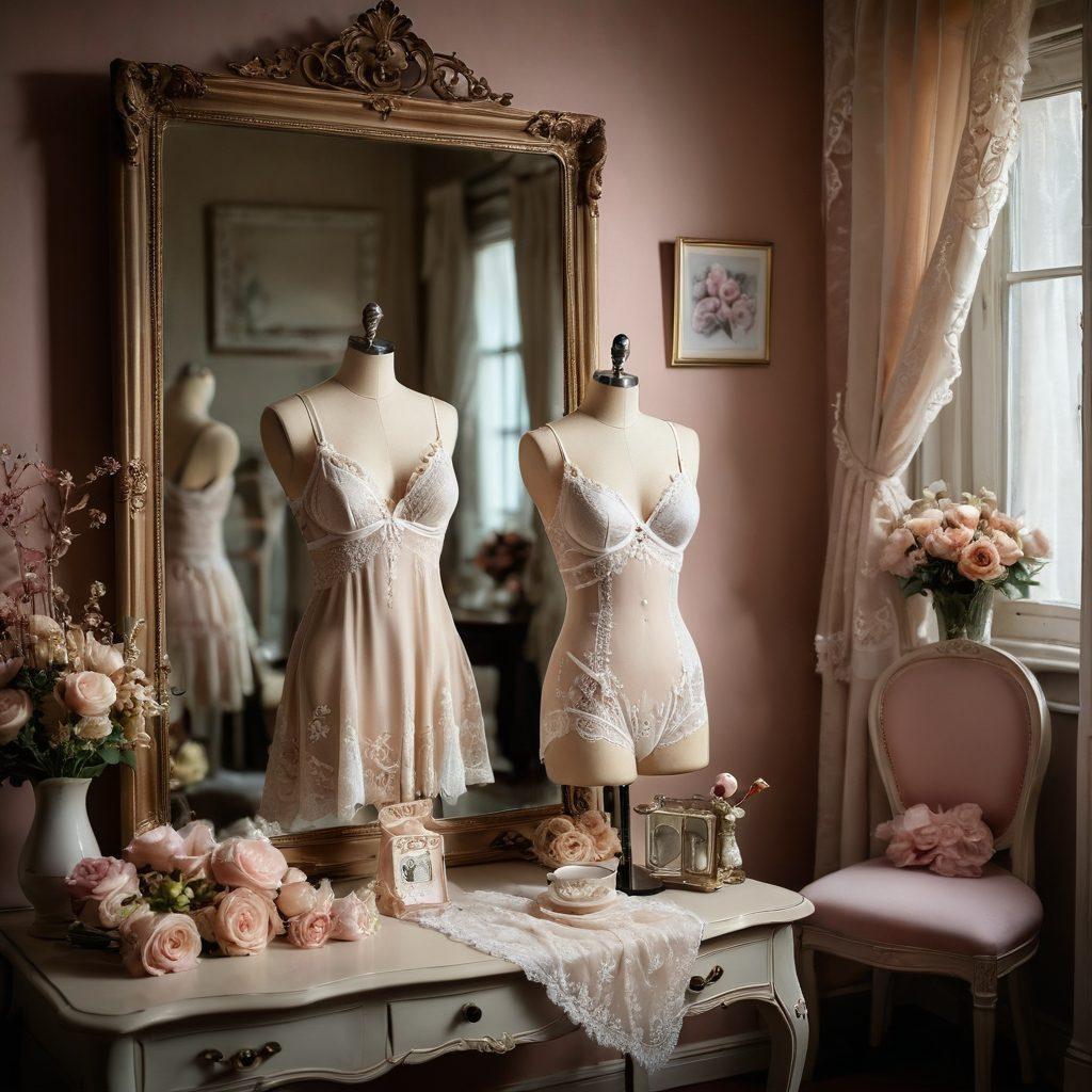 A beautifully arranged display of luxurious lingerie pieces, showcasing a mix of delicate lace and intricate embroidery. The scene includes soft, ambient lighting that casts an enchanting glow on the garments, embellished with flowers and satin ribbons around them. A hint of a vintage dressing room in the background, complete with a vintage mirror and elegant decor, to evoke a sense of charm and allure. super-realistic. soft pastels. warm lighting.